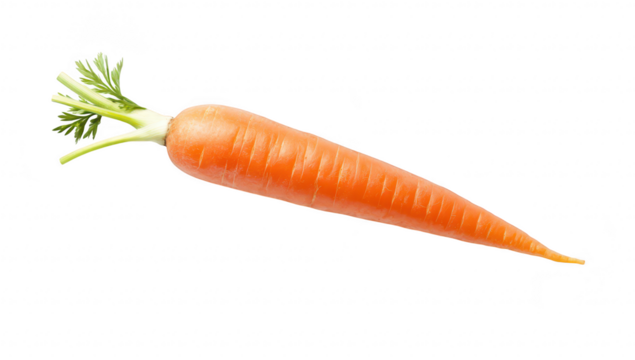 A orange carrot with green leafy tops resting on a clean white background. its fresh appearance. ideal for culinary use or health-related content