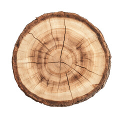 Fototapeta premium A close-up view of a round wooden tree stump its natural rings and texture. set against a plain white background. ideal for nature-themed designs or rustic decor projects