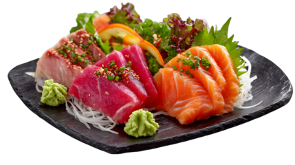 Fresh sashimi platter with salmon, tuna, and fatty tuna on shredded daikon, garnished with wasabi and greens. Perfect for menus, ads, and food blogs.