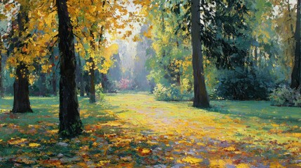 Naklejka premium Autumn scene with light filtering through golden leaves on trees and ground, pathway ahead
