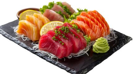 Fresh sashimi platter with salmon, tuna, and fatty tuna on shredded daikon, garnished with wasabi and greens. Perfect for menus, ads, and food blogs.