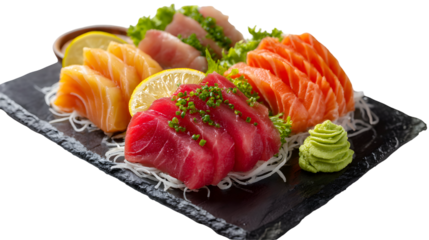 Fresh sashimi platter with salmon, tuna, and fatty tuna on shredded daikon, garnished with wasabi and greens. Perfect for menus, ads, and food blogs.