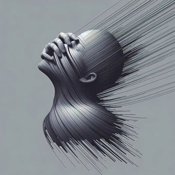Abstract minimalist artwork of silhouette imploding into thin layered strokes with muted background