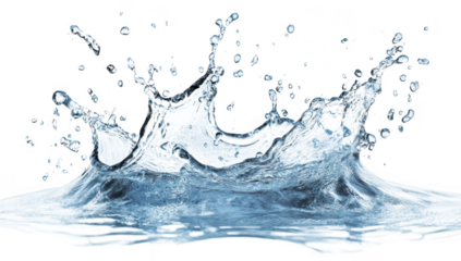 A dynamic splash of clear water creating intricate droplets against a white background. symbolizing freshness and vitality. ideal for use in wellness or cleaning contexts