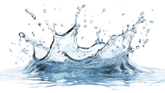 A dynamic splash of clear water creating intricate droplets against a white background. symbolizing freshness and vitality. ideal for use in wellness or cleaning contexts