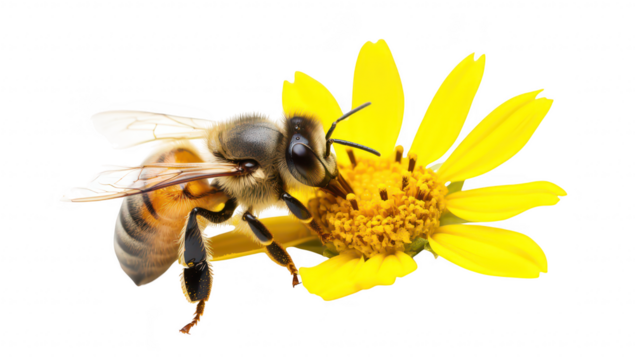 A close-up view of a bee collecting nectar from a yellow flower. the intricate details of the insect and the flowers petals against a clean white background