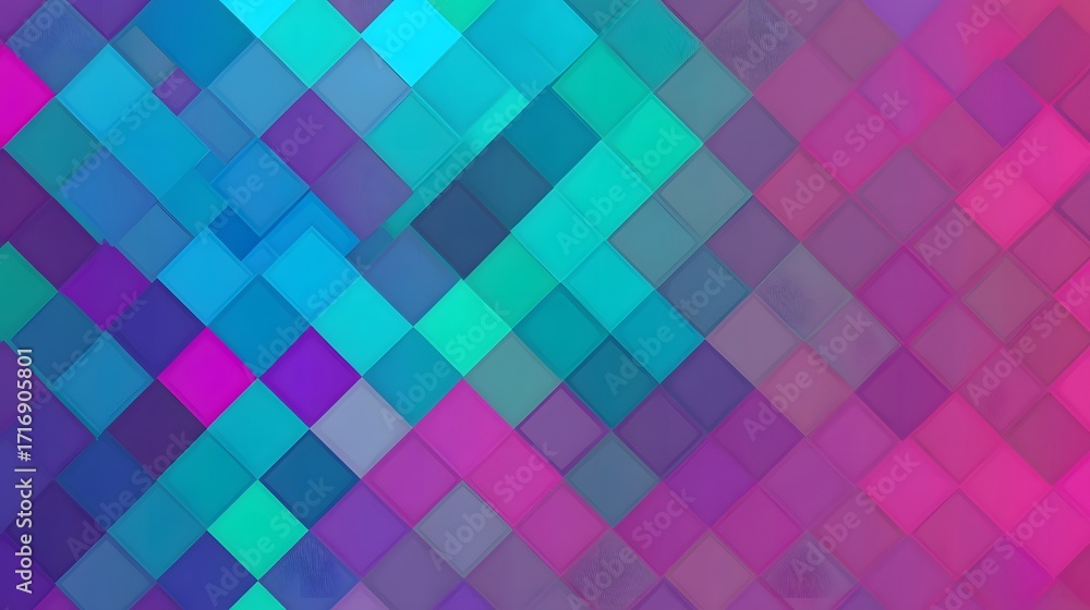 Poster a vibrant pattern of overlapping squares in shades of blue, purple, and pink, creating a dynamic and