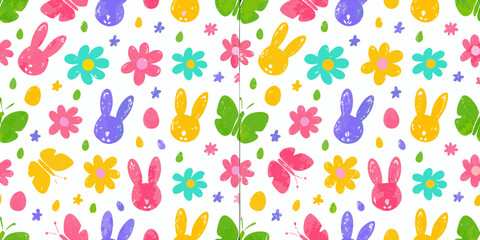 Whimsical easter bunny flowers and butterflies seamless pattern with colorful eggs and green leaves