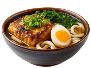 Hot udon noodle soup topped with grilled tofu, sliced fish cakes, and green onions. Cozy, comforting, and perfect for menu design or food promotion.
