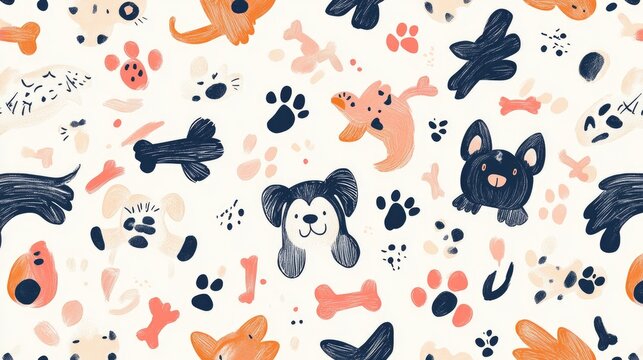 Colorful Playful Dog Patterns with Paw Prints and Bones Artwork