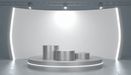 Metallic Cylindrical Display Podium on Circular Stage with Bright Lighting