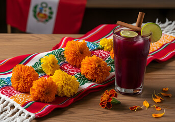 Traditional Peruvian sash with marigolds and chicha morada for Independence Day