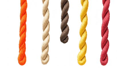 A display of five twisted ropes in various colors including orange. cream. brown. yellow. and red. arranged vertically against a clean white background. ideal for creative projects or design use
