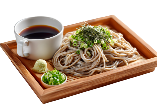 Chilled Japanese soba noodles served on bamboo tray with dipping sauce, topped with seaweed, spring onion, and wasabi — clean and fresh mood.