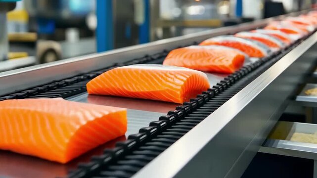 Fresh salmon fillets on a conveyor belt in a food processing factory.