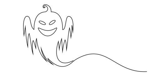 Continuous one line drawing of Halloween pumpkin vector illustration. Hand drawn Editable stroke. Vector illustration.
