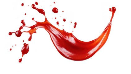 A splash of red liquid gracefully arcs through the air against a clean white background. capturing the essence of motion and fluidity. ideal for creative design projects