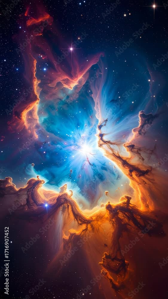 Poster dramatic nebula explosion in dark space, light rays shining through cosmic clouds and stardust, crea