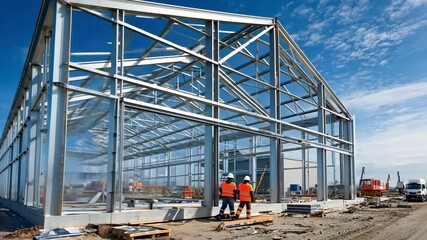 Construction workers at a steel frame building site under a bright blue sky. - Powered by Adobe