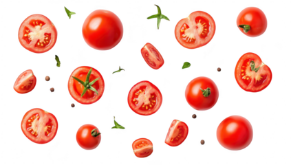 A arrangement of fresh tomatoes in various sizes and cuts. their juicy interior and green leaves. set against a clean white background. ideal for culinary or health-related content