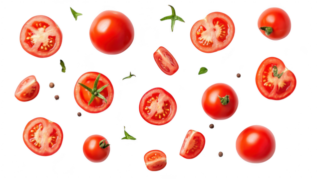 A arrangement of fresh tomatoes in various sizes and cuts. their juicy interior and green leaves. set against a clean white background. ideal for culinary or health-related content