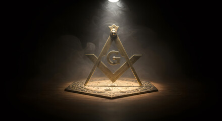 Masonic square and compass symbol with letter g illuminated by light mist for secret society or conspiracy concept.