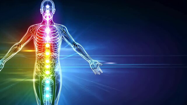 Human body with chakra points, energy flow, and vibrant colors on dark background.