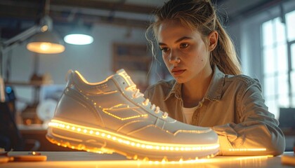 Woman Inspecting a Luminescent Sneaker in a Workshop
