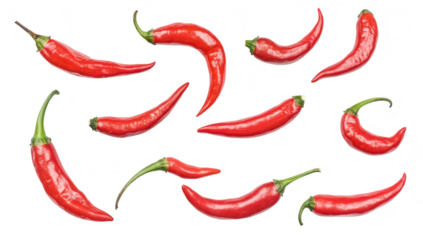 A assortment of fresh red chili peppers arranged artistically on a clean white background. their glossy texture and varying shapes. ideal for culinary or food-related projects
