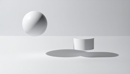 Floating White Sphere and Cylinder on White Background