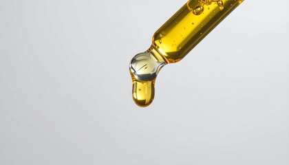 Amber Liquid Dropping from Glass Pipette on White Background