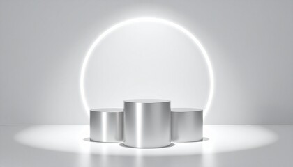 Silver Cylindrical Display Stands with Circular Neon Light