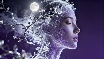 The honeysuckle under the moon and the character image, the night repair and rejuvenation of skin care products, the good night facial mask promotion, and the night skin care scene display.
