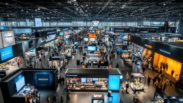 High-angle shot of a bustling tech expo with sleek booths and digital displays, capturing the dynamic atmosphere of innovation and video technology.
