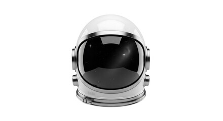 Close-up studio shot of a futuristic astronaut helmet with a reflective visor, isolated on a white background