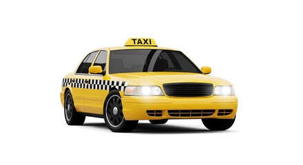 Fototapeta premium A Yellow Taxi Cab with a 'TAXI' Sign on Top, Ready for Transport Services on a White Background