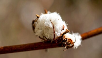 Close-up of White Cotton Boll on Brown Branch