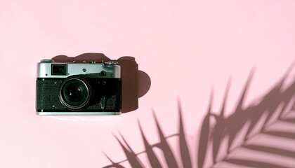 Vintage Camera and Palm Shadow on Pink Background