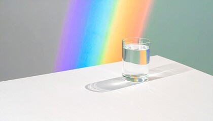 Glass of Water with Rainbow Refraction on White Table
