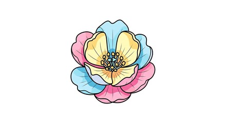 A stylized, colorful illustration of a delicate flower with petals in shades of pink, yellow, and blue, set against a white background