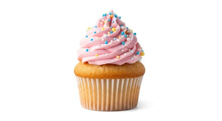 A delicious cupcake with pink frosting and colorful sprinkles, perfect for celebrations and sweet cravings