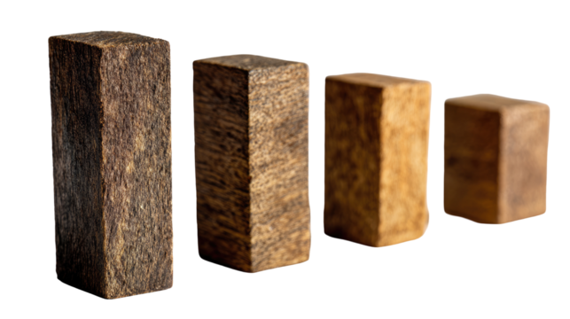 Four wooden blocks in varying sizes, displaying wood grain