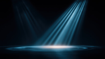 Black Friday sale spotlight shines on dark stage with blue light beams creating dramatic and captivating atmosphere for promotions