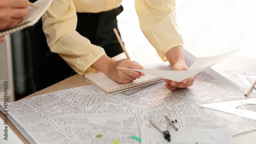 Poster video of clever architect or smart engineer using measurement tool and pencil hand writing a detail 
