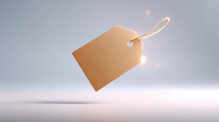 Brown price tag with string floating on soft background with light flare perfect for black friday sale promotion