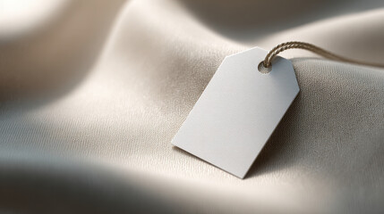 Blank white price tag on beige fabric background with soft light and shadow for black friday sale concept
