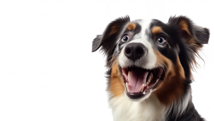 A joyful Australian Shepherd dog with striking blue eyes and a wide-open mouth. captured in a bright white studio setting. perfect for pet-related content and marketing