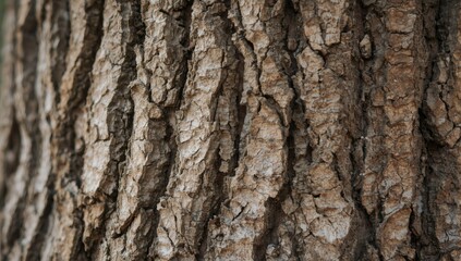 Fototapeta premium Close-up view of a tree trunk's textured bark, showcasing intricate patterns and variations in shades of brown.