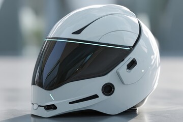 Fototapeta premium Futuristic white motorcycle helmet with a sleek design and glowing cyan LED light strips.