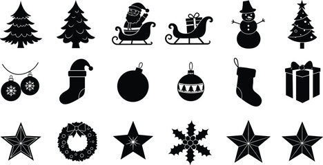 Black silhouette Christmas holiday icon set with tree, Santa sleigh, snowman, ornaments, gifts, wreath, holly, stars, and festive decorations